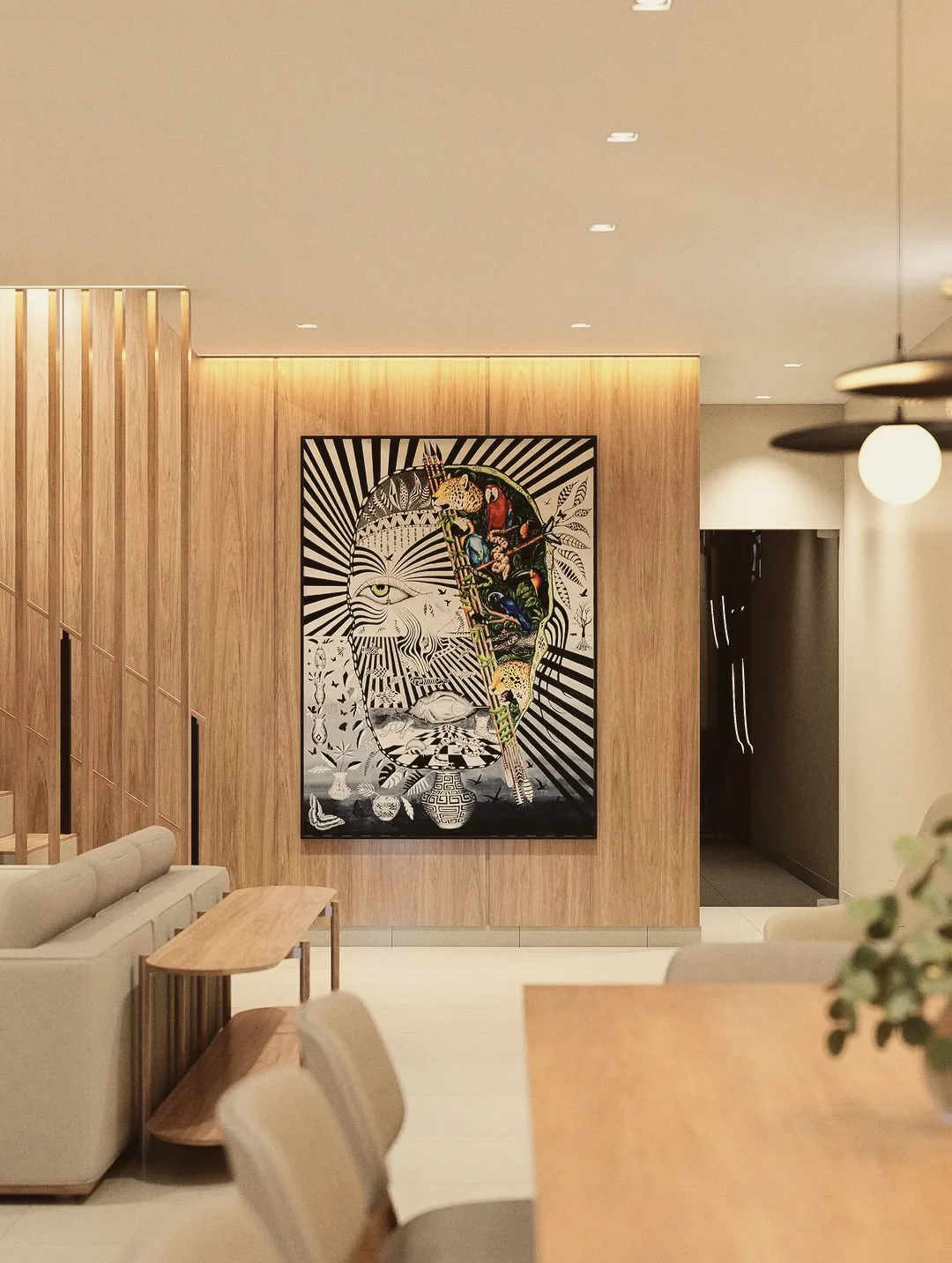 Sala de estar com obra do artista na parede de madeira