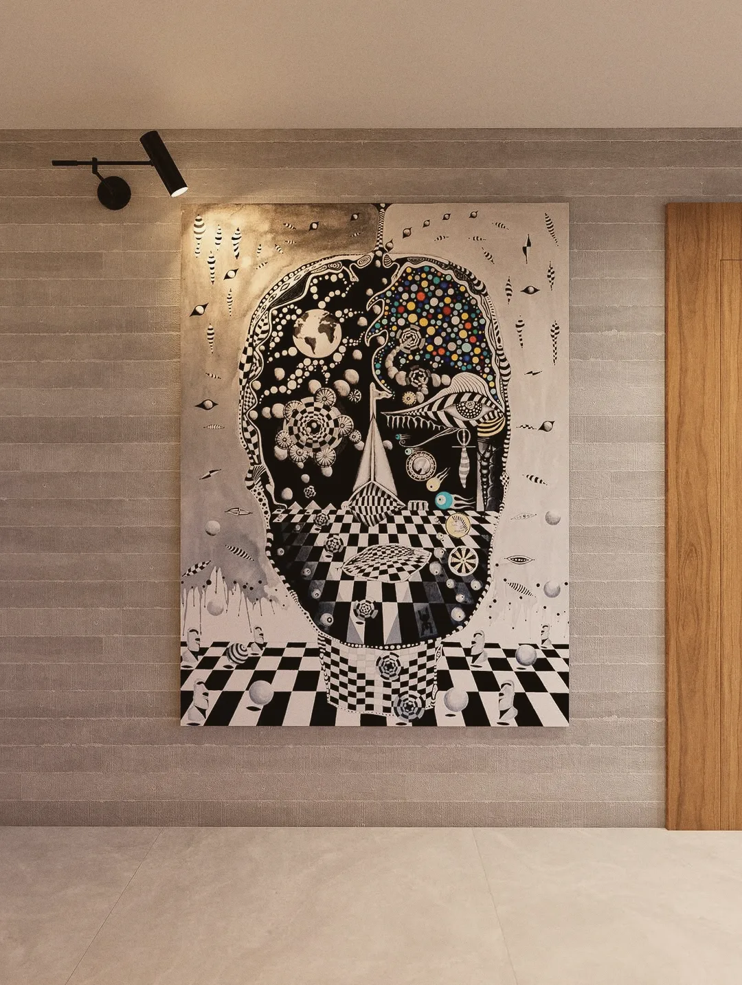 Obra em preto e branco iluminada num hall de entrada